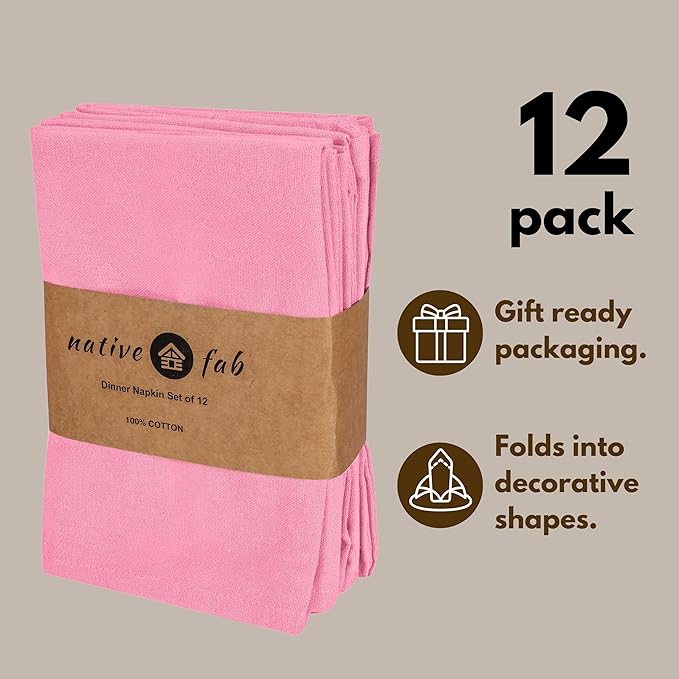 Native Fab Cloth Dinner Napkins, 12 Pack, 100% Cotton, 17x17 Inches, Soft, Absorbent, Premium Hotel Quality Table Linen, Perfect for Easter Brunch, Spring Weddings, Everyday Meals, Pastel Pink