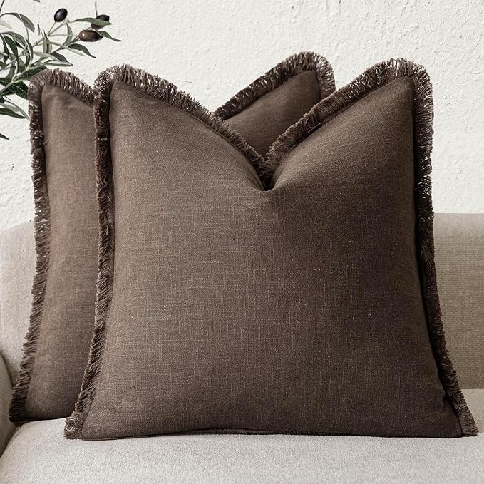 Foindtower Set of 2 Decorative Linen Fringe Throw Pillow Covers Boho Farmhouse Cushion Cover with Tassels Soft Accent Pillowcase for Couch Sofa Bed Living Room Home Decor,16×16 Inch,Reddish Brown