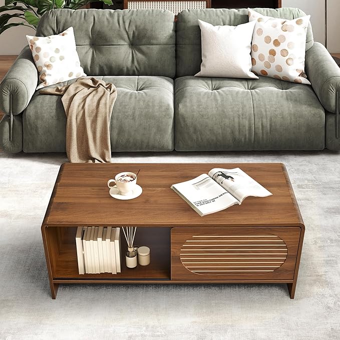 43.3“ Mid Century Modern Coffee Table with Storage, Curved Profile Wood Coffee Table with Sliding Arched Door, Farmhouse Center Table Rectangle Coffee Table for Living Room, Office, Walnut