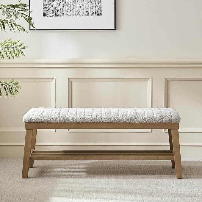 VKNOW Entryway Bench, 44.4" Upholstered Storage Shoe Bench for Entryway & Bedroom, Shoe Rack Bench with Rubberwood Legs, Modern End of Bed Bench for Living Room and Hallway, Beige
