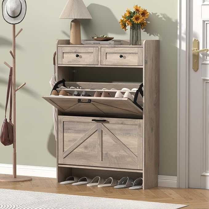 Thacuok Shoe Cabinet with 2 Flip Drawers & 2 Storage Drawers, Rustic Farmhouse Narrow Shoe Organizer Cabinet, Slim Shoe Rack Cabinet, Shoe Storage Cabinet for Entryway, Hallway