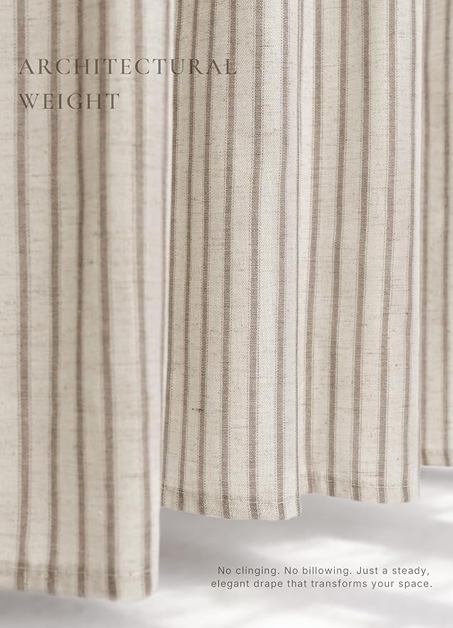 Farmhouse Striped Shower Curtain - 72x72 Inches, Linen Blend Fabric, Breathable & Machine Washable, Rustic Taupe for Bathroom Decor (Hooks/Liner Not Included)