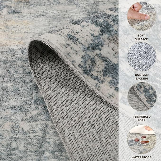 UERMEI 6ft Round Area Rug Living Room Rugs - 6x6 Washable Neutral Modern Abstract Soft Thin Rug Indoor Floor No Slip Rug Carpet for Bedroom Under Dining Table Home Office Decor - Blue Grey