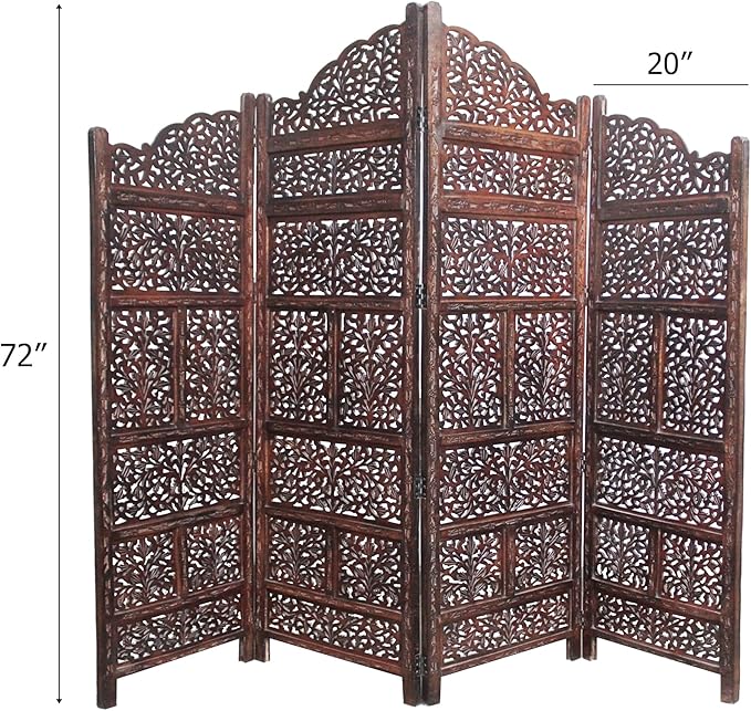 Room Divider Wood Screen - Mahanadi Antique Brown - 4 Panel Folding 72x80 - Wooden Hand Carved Screen Decorative Functional Versatile - Small Spaces Reversible Privacy Partition - COTTON CRAFT