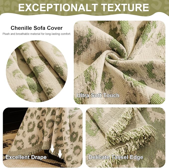 VClife Bohemian Sofa Cover, Cute Animal Leopard Jacquard Fabric Couch Covers for Sectional Sofa, 1 Piece Extra Large Sofa Protector Home Decor Aesthetic Sofa Slipcover for Dog, Green, 71''x134''