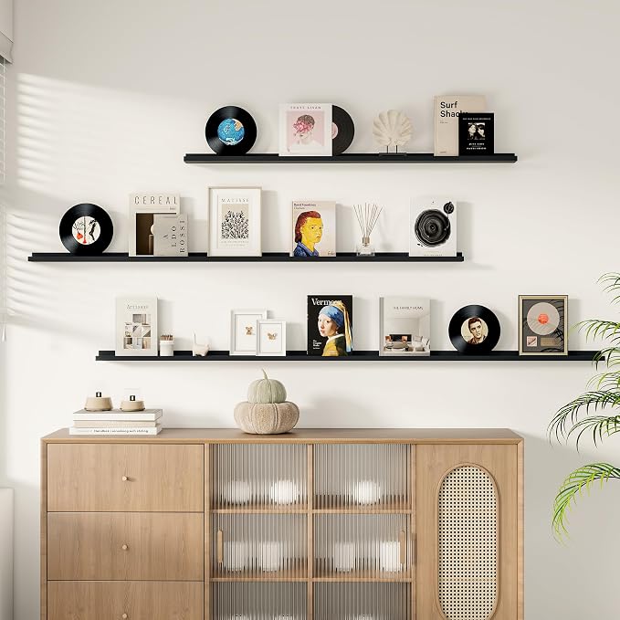 Floating Picture Ledge Shelves for Wall Set of 2, 95 Inches Picture Ledge Shelf with Long Large Nursery Book Shelf for Toys Storage Kids Bookshelf Wall Mounted Living Room Bedroom Decor Frames, Black