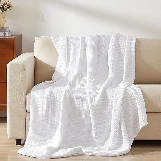 PHF 100% Cotton Muslin Blanket King Size 108"x90", 4-Layer Lightweight Gauze Throw, Breathable Cloud-Soft Minimalist Blanket for Bed, Couch, Camping, White, Ideal Gift