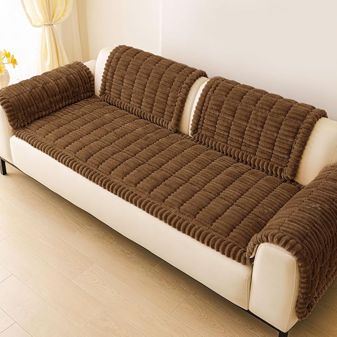 hyha Couch Cover for Dogs Washable, Non Slip Thick Flannel Sofa Protector, Pet Friendly Plush Furniture Cover for Sectional Sofa & Loveseat (Brown, 43" x 63")