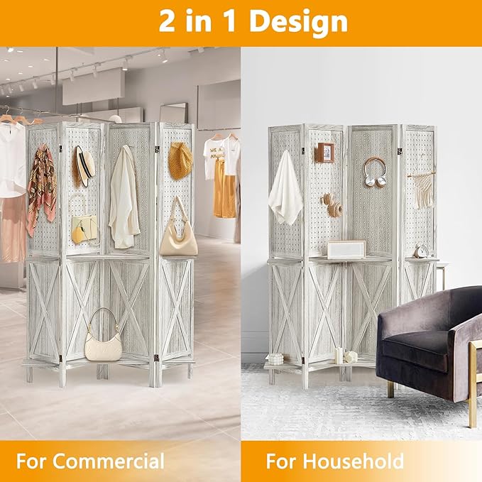 4 Panel Pegboard Display with 16 Hooks, Wooden Pegboard Room Divider Wall with Shelf, Partition Room Dividers and Folding Privacy Screens, Bedroom, Jewelry Store, White