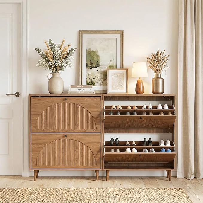 Wood Shoe Rack for Entryway with Fluted Panel, Shoe Storage Cabinet for Entryway with 2 Flip Drawers, Narrow Freestanding Shoe Cabinet for Hallway, Foyer, Living Room (Walnut)