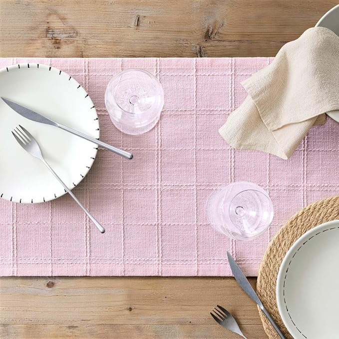 ZeeMart Linen Checked Farmhouse Table Runner, 13x108 Inches Pink | Raised Grid Design, Rich Woven Texture, Linen Blend Table Runners 108 Inches Long, Machine Washable, Boho Home Kitchen Decor