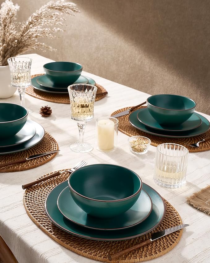 Famiware Venus 24-Piece Plates and Bowls Sets for 8, Stoneware Dinnerware Set with Trim, Modern Minimalist Dishes for Everyday & Formal Use, Chip Resistant, Microwave/Dishwasher Safe, Matte Dark Green