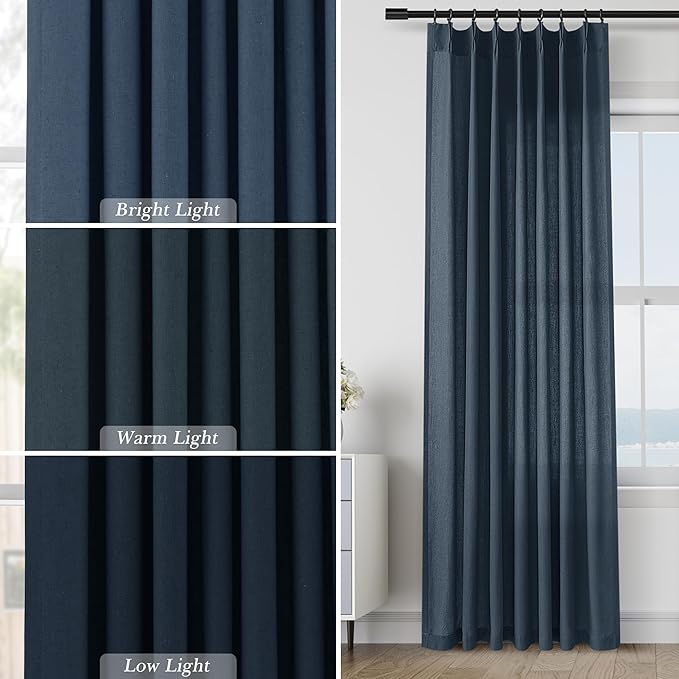 Aersas Denim Blue Pinch Pleated Linen Curtains 63 Inch Length 2 Panels for Living Room Bedroom Semi Sheer Window Curtain Boho Neutral Back Tab Pinch Pleat Drape with Hooks 40x63