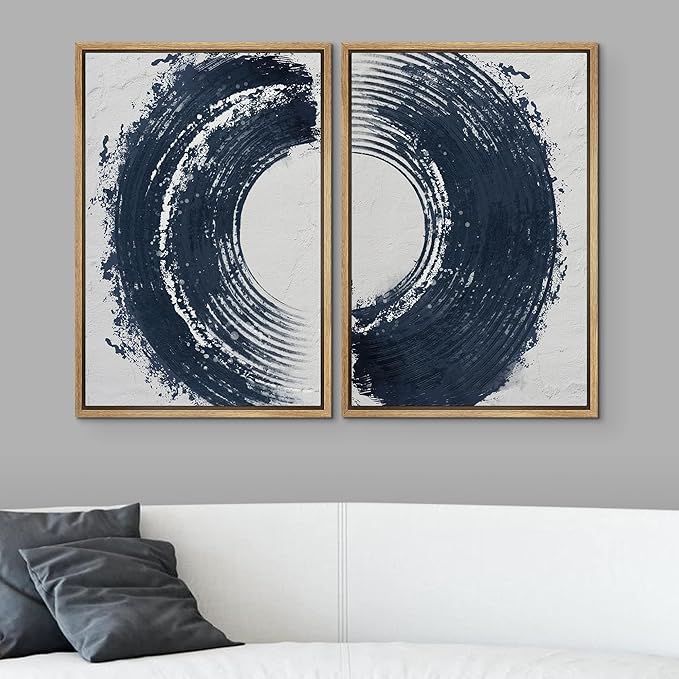 SIGNWIN Framed Canvas Print Wall Art Set Black Gray Pastel Paint Stroke Spiral Ring Abstract Shapes Illustrations Modern Minimal Decorative for Living Room, Bedroom, Office - 16"x24"x2 Natural
