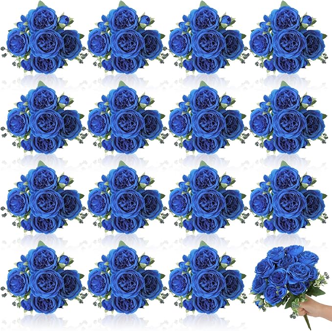 16 Pack Royal Blue Peonies Artificial Flowers,Fake Silk Hydrangea Bouquet for Bridal Wedding Home Table Decor Reusable Dining Opening Ceremony Birthday Arrangement Faux Floral
