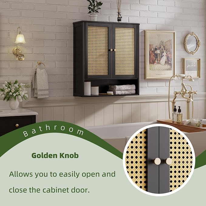 Bathroom Wall Cabinet, Bamboo Over-The-Toilet Storage Organizer with 2 Rattan Doors and Adjustable Shelf, Space Saver Medicine Cabinet for Laundry, Kitchen, Living Room (Black)