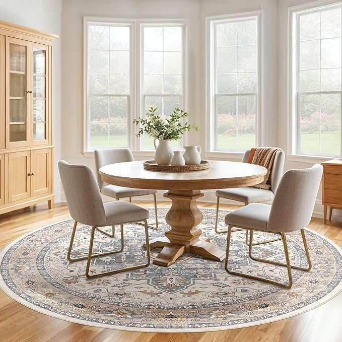 Round Rug Living Room Rugs: 10Ft Washable Boho Neutral Large Circle Soft Indoor Distressed Stain Resistant Floor Farmhouse Carpet for Bedroom Nursery Kids Playroom Office Dining Room Dorm- Beige Blue