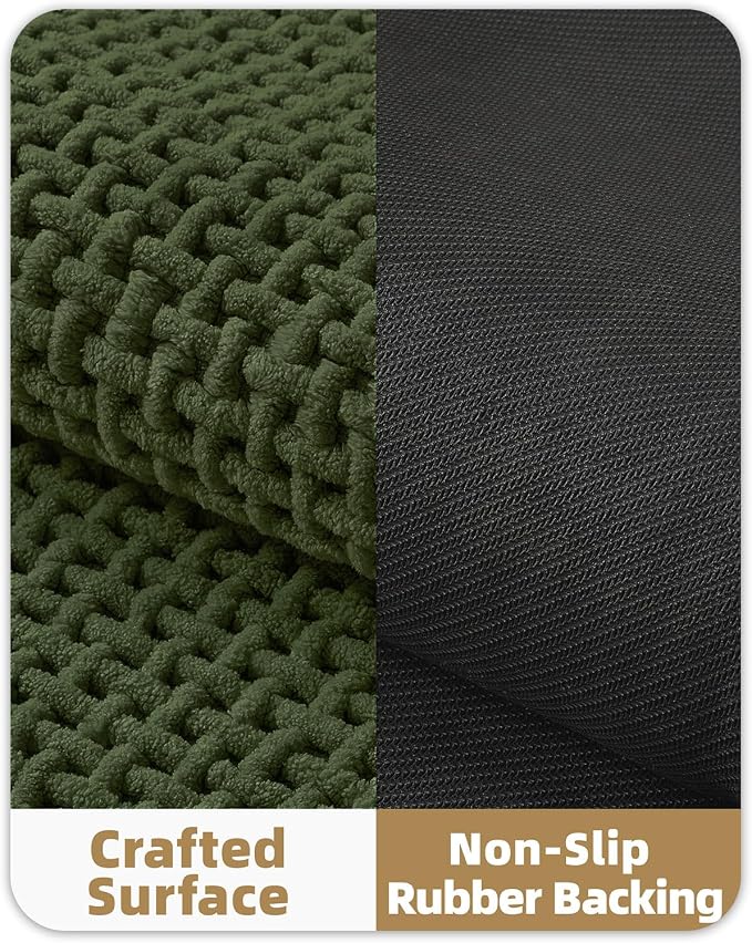 Color&Geometry Rubber Backed Waffle Bath Mat 60x24, Non Slip Water Washable Bathroom Rugs, Soft Absorbent Chenille Boho Carpet for Bathroom Floor, Tub and Shower, Green
