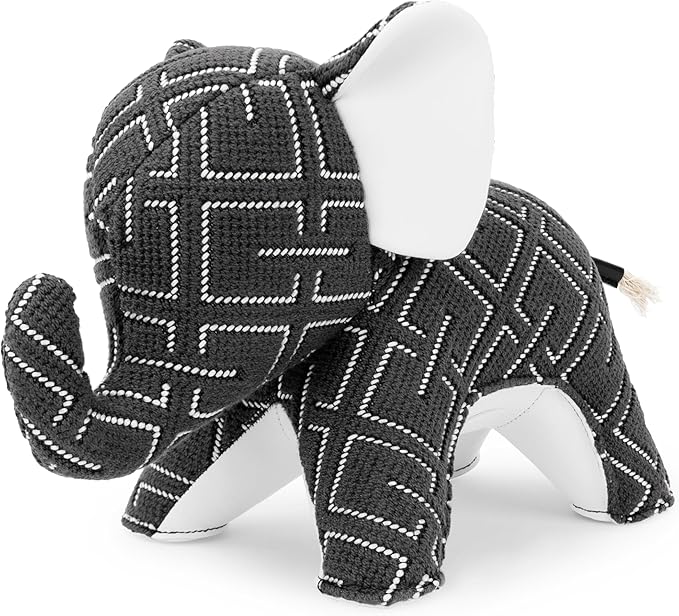 Zuny Artist Edition Elephant Abby Bookend - Kvadrat Grid Gray White, Handmade Leather Single Book End, Checkered Grid Textile Designer Collaboration Home Decor for Bookshelf Desk, 11 x 4.3 x 7.4