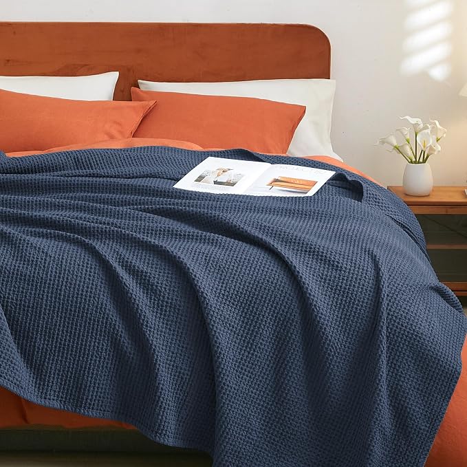 PHF Pre-Washed Cotton Waffle Weave Blanket Throw Size for Bed Couch,Snag Proof Spring Summer Lightweight Breathable,Oeko-TEX Certified,Machine Washable, Home Decor Gift，Dark Navy