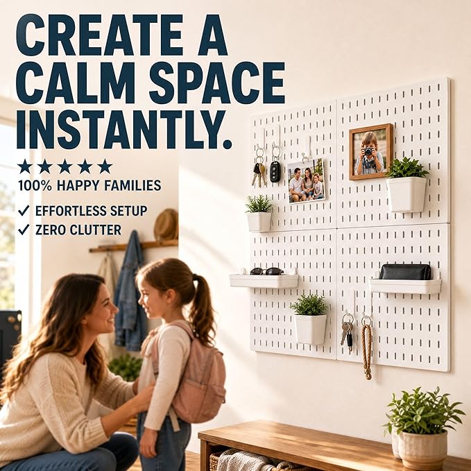 AKTOP Peg Board Wall Organizer 4-Pack – 12"x12" White Pegboard Combination Kit with 13 Accessories for Wall, Plastic Peg Board Panels for Home, Office, Garage Tool Storage & Craft Room