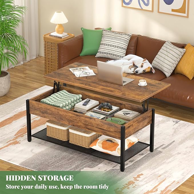 Homieasy 41.7" Lift Top Coffee Table for Living Room, Wood Center Table with Hidden Compartment and Storage Shelf, Modern Rising Tabletop Desk for Small Space, Rustic Brown