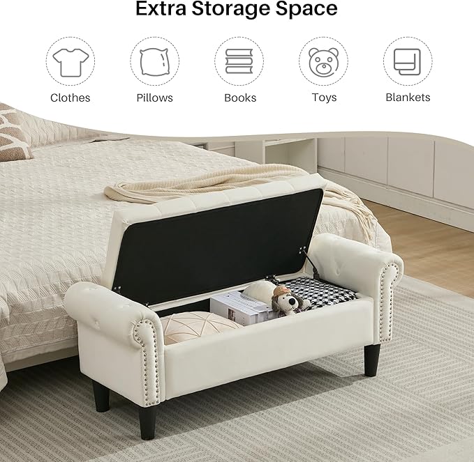 SOFTHION Storage Bench, 50" Queen End of Bed Bench, Velvet Tufted Button Upholstered Bedroom Bench, Storage Ottoman with Rolled Arms, Window Bench with Storage, for Living Room, Entryway Beige