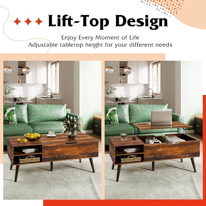 WLIVE Coffee Table, 47“ Lift Top Coffee Tables with Adjustable Storage Shelf and Hidden Compartment, Lift Tabletop Dining Table for Living Room, Rustic Oak