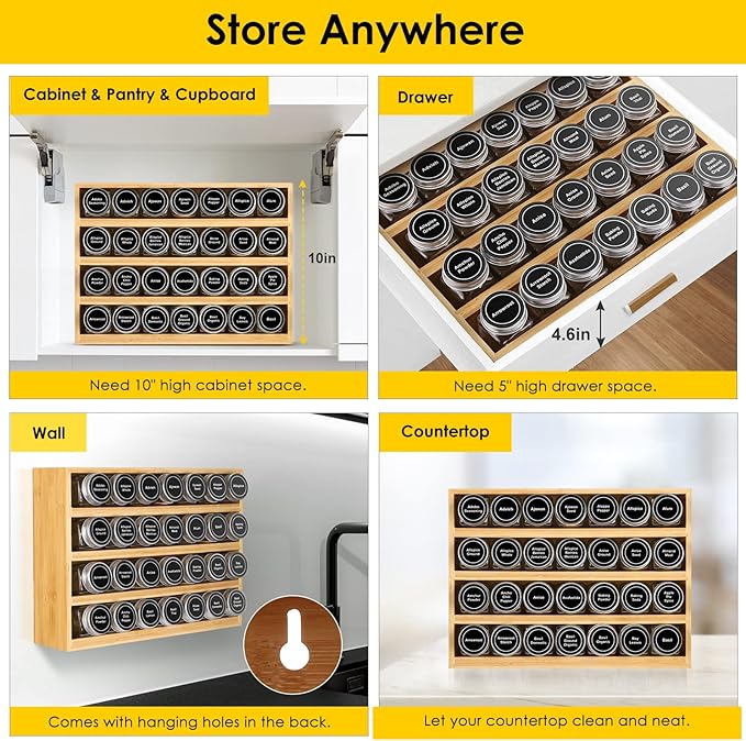 Bamboo Spice Rack Organizer With 28 Spice Jars, 780 Labels, 4 Tier Wood Hanging Shelf, Chalk Marker and Funnel Set for Drawer Cabinet Kitchen Countertop Wall Mount, Empty 4 oz Glass Jar & Shaker Lids