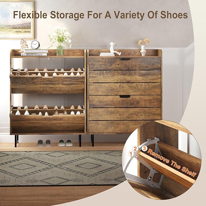 Shoe Storage Cabinet with 2 Flip Drawers, Wooden Shoe Rack Organizer Cabinet with Adjustable Shelf, Narrow Shoe Cabinet for Entryway, Hallway, Living Room (Oak)