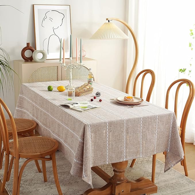 Chassic 60 x 84 inches Farmhouse Style Linen tablecloths, Wrinkle Resistant Washable Dining Room Table Cloths for Rectangle Tables - Hemstitch Light Coffee