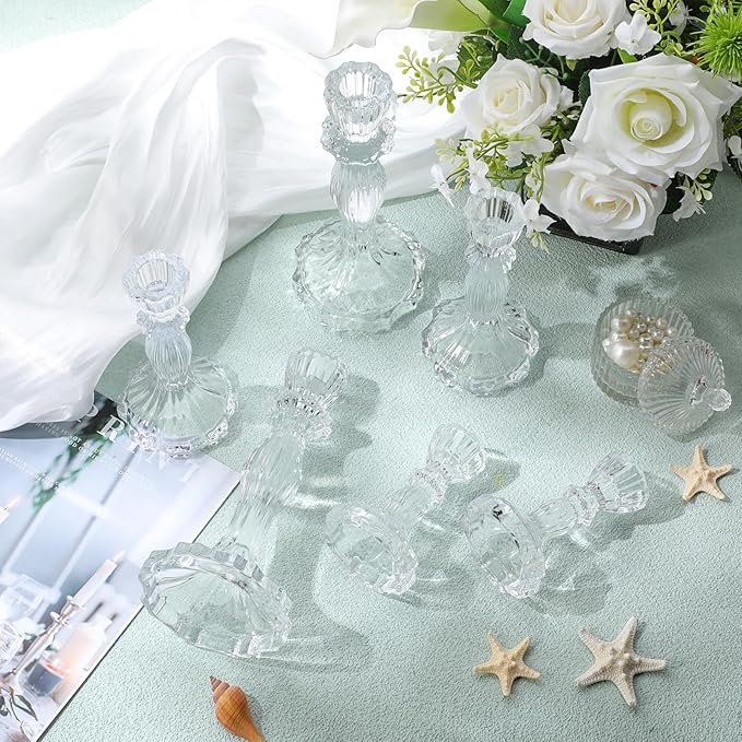 Mumufy 24 Pack Glass Taper Candle Holders Clear Candlestick Holder Fit 0.8 Inch Candles 4'' 6'' 8'' Tall Crystal Decorative Candlestick Stand Centerpiece for Table Wedding Dining Party (Classic)