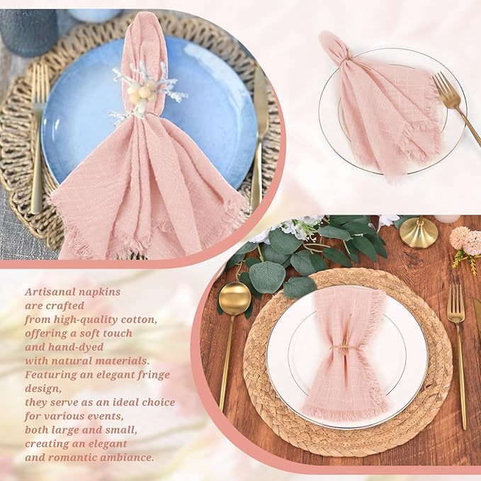 12 Pack Pink Cloth Napkins Cotton Linen Napkins with Fringe 16 x 16 Inch Soft Handmade Napkins Cloths Delicate Washable Rustic Dinner Napkin Cloths for Wedding Party Dinner Table Decor