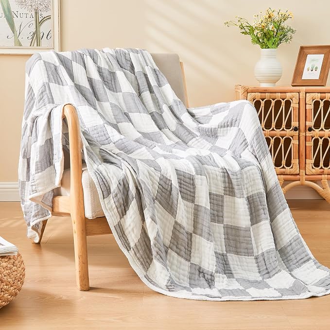 EMME Cooling Muslin Queen Blanket for Bed - Checkered Lightweight Summer Cotton Blankets of Rayon Derived from Bamboo for Hot Sleepers, Ultra Soft Breathable Gauze