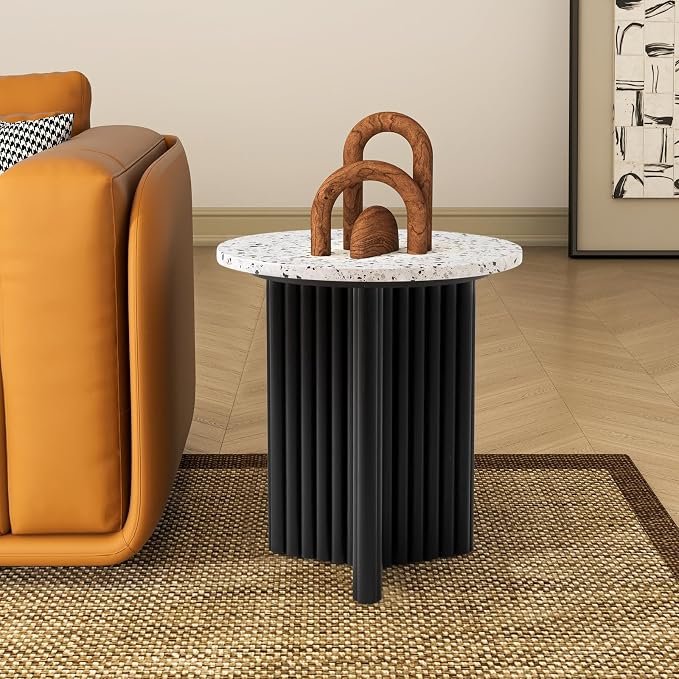 Modern Fluted Side Table, Stone End Table with Terrazzo Top & Black Fluted Ash Wood Base, 18.1" Accent Table for Living Room, Bedroom or Couch Side