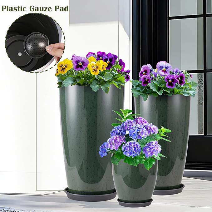 24-21-11 Inch Tall Planters Set of 3, Indoor Outdoor Green Glossy Round Planter with Drainage Hole and Saucer, Large Decorative Plant Pots for Home Garden Porch (Green)