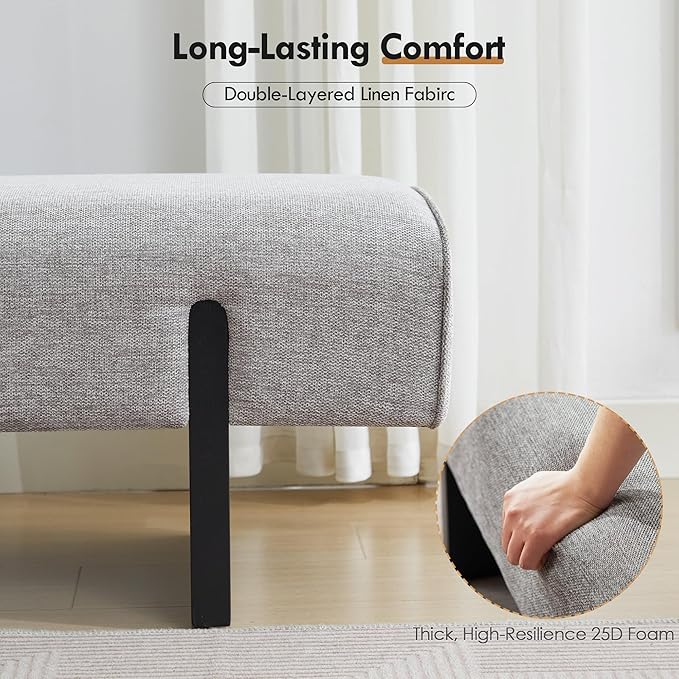 ONEVOG 55" End of Bed Bench with Upholstered Cushion & Natural Solid Wood Legs, Modern Long Ottoman Seat Foot Stool for Bedroom/Entryway/Living Room/Hallway, Support 450lbs, Linen Fabric, Light Grey