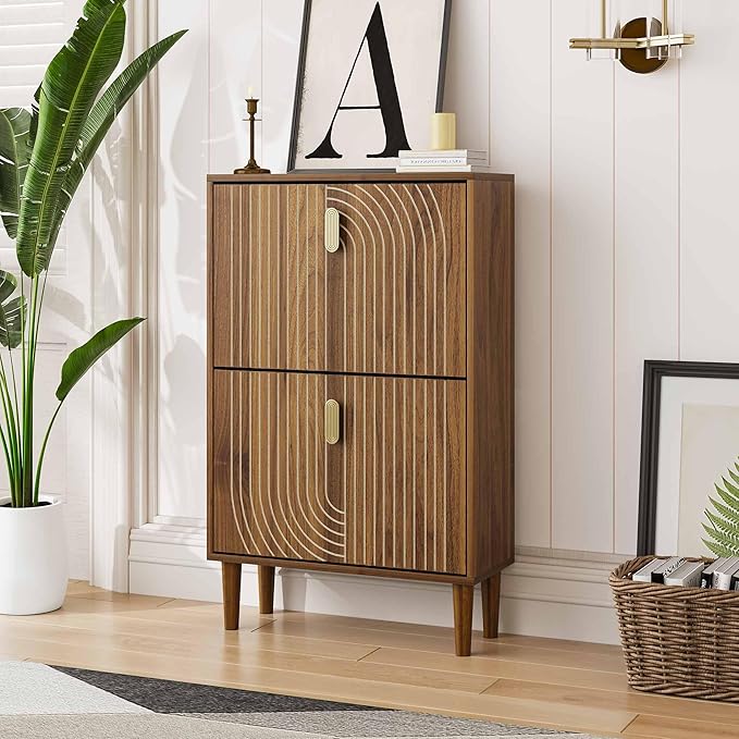 Shoe Cabinet Storage for Entryway, Narrow Slim Shoe Storage Cabinet with 2 Flip Drawers, Freestanding Shoe Rack Organizer Cabinet with Line Groove Design for Hallway, Brown