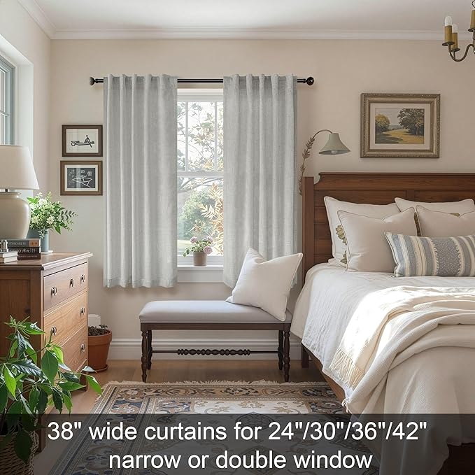 Grey Curtains 38 Inch Width for Kitchen Windows 2 Panels Back Tab Rod Pocket Linen Sheer Cafe Tier Light Filtering Short Curtains for Bedroom Laundry Room Closet Door Decor Wide 38x45 Long Light Gray