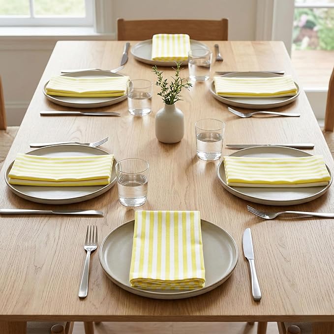 PurpleEssences Plain Striped Cloth Napkins - Set of 12-100% Cotton - 18 x 18 Inch - Spring Easter Summer and Perfect Everyday Use Dinner Napkin - Yellow and White