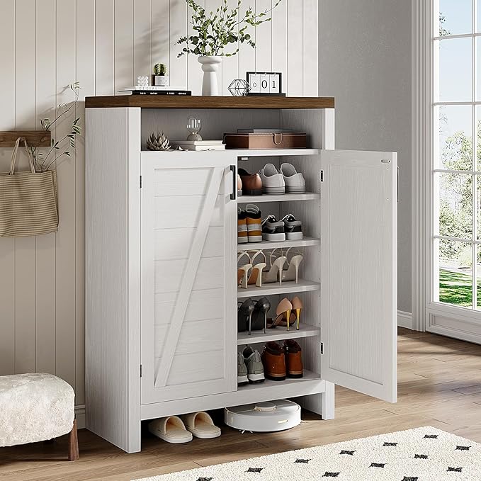 ONBRILL 6-Tier Shoe Cabinet with Doors, Farmhouse Shoe Storage Cabinet with Adjustable Shelves, Large Capacity Wooden Shoe Rack Organizer for Entryway, Closet, Hallway, Living Room, White