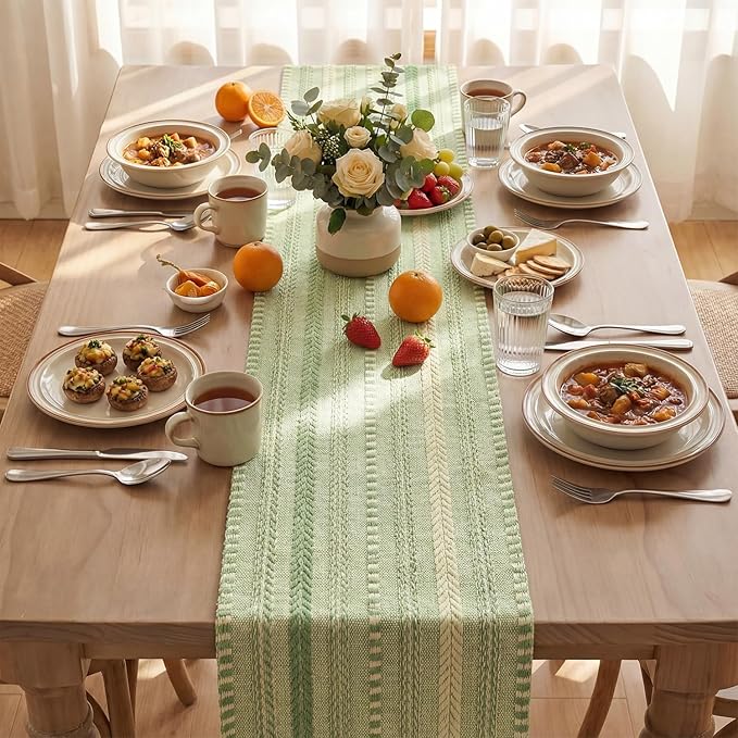Artoid Mode Sage Green Farmhouse Woven Table Runner, Seasonal Holiday Rustic Kitchen Dining Table Decoration for Home Party Decor 12x60 Inch