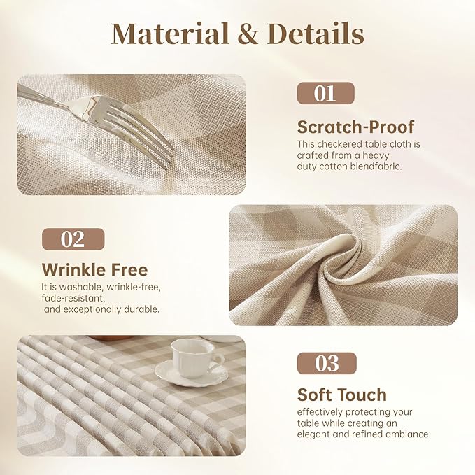 Beige Gingham Tablecloth, Neutral Checkered Table Cloth Cotton Linen Fabric, Washable Wrinkle Free Tan Buffalo Plaid Table Cover for Farmhouse, Dining, Kitchen Party 60"x120" Rectangle