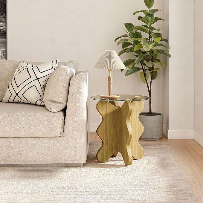 MDF Frame Side Table with Brown Tempered Glass Top, Mortise and Tenon Joint Design, No Screw Easy Assembly, Sturdy End Table for Living Room, Bedroom (Seaweed-Natural)