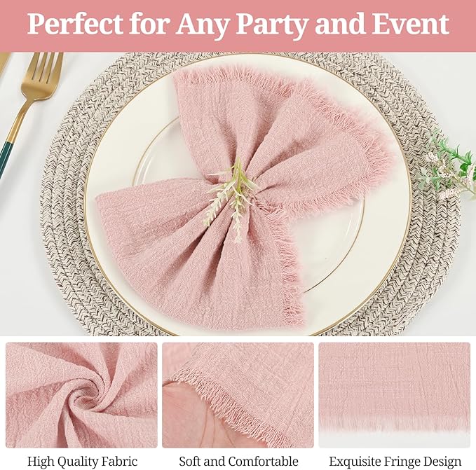 36 Pack Pink Handmade Cloth Napkins 16 x 16 Inch Cotton Linen Napkins with Fringe, Washable and Reusable Napkins, Soft Rustic Boho Fringe Cloth Napkins for Dinners, Parties, Wedding