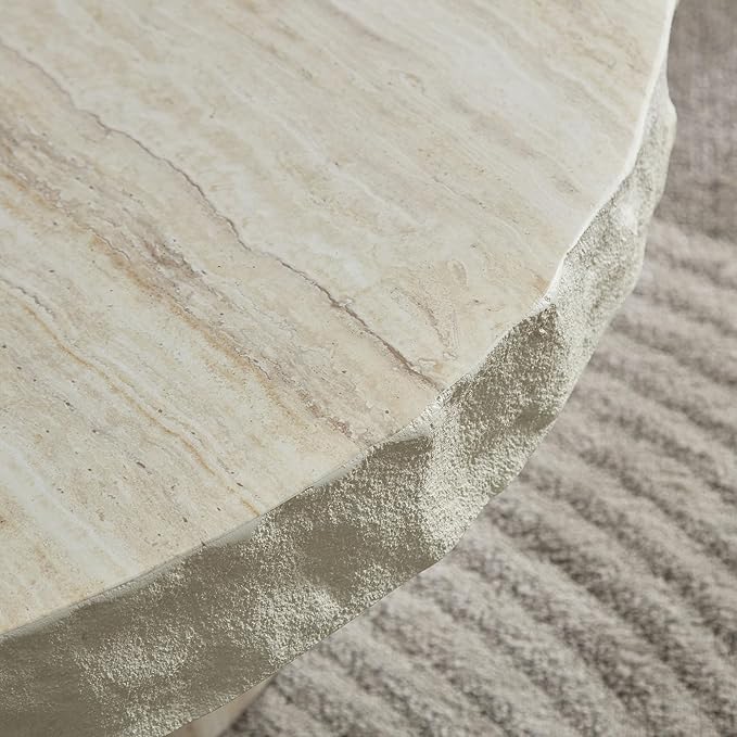 Round Coffee Table, 31.69" Fiberglass Faux Marble Pattern Imitation Stone Table Cement Center Table for Living Room Apartment