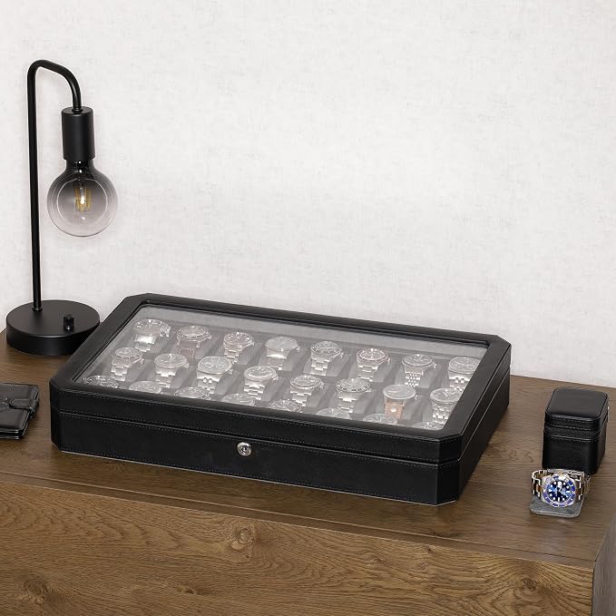 ROTHWELL 24 Slot Watch Case with Lock – Luxury Watch Box to Display and Organize Your Collection | Real Glass Top | Premium Storage for Collectors (Black/Grey)