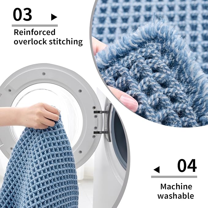 Disolla Waffle Bath Mat, Non Slip Absorbent Small Bathroom Rug, Machine Washable Quick Dry Ultra Soft Bathroom Floor Mat, Blue & White Bath Rug for Tub Shower, 17''x24''