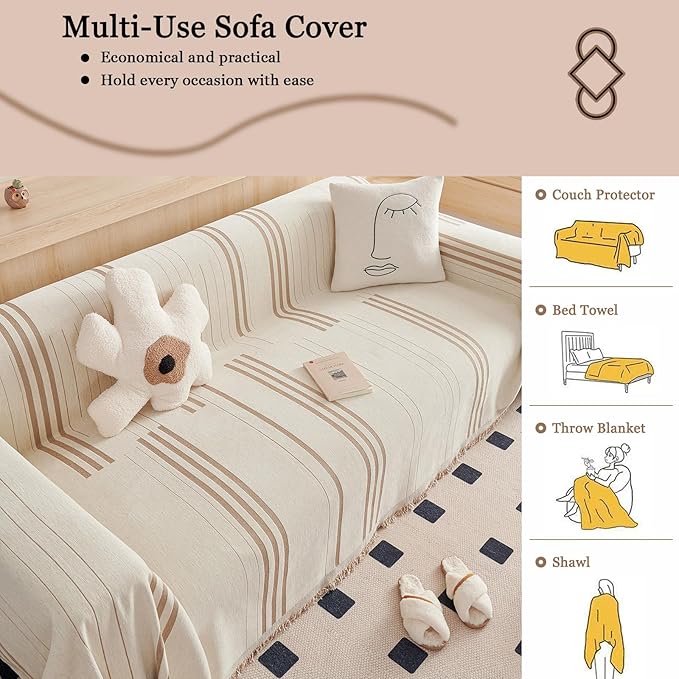 DREAMINGO Couch Cover Washable Chenille Sofa Protector for Pet Kids Beige Coffee Loveseat Couch Covers for 2 Cushion Couch Stripe Jacquard Versatile Sofa Throw Slipcover for Futon Couch, 71"x102"