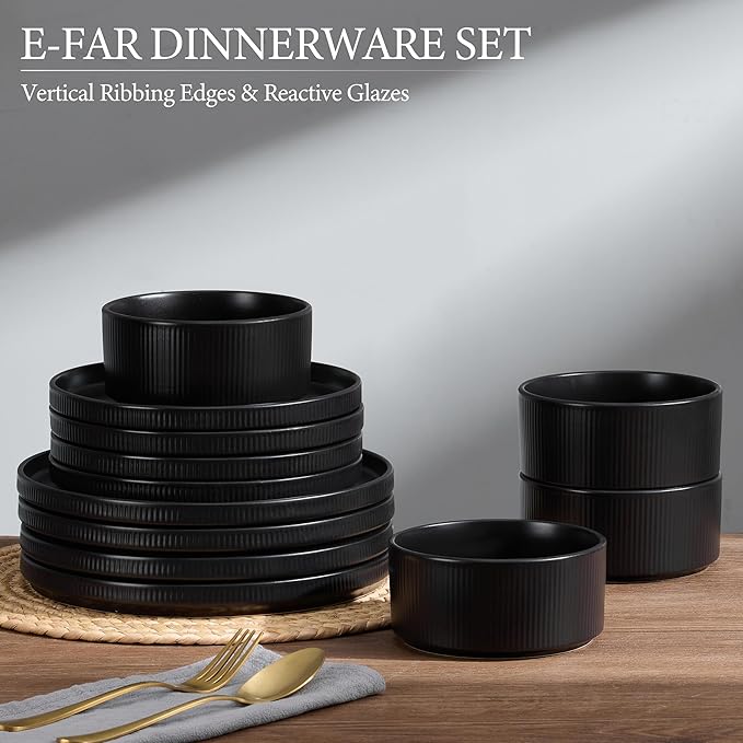 E-far Stoneware Dinnerware Sets for 2, 6-Piece Plates and Bowls Sets, Chip & Scratch Resistant Ribbed Dish Set for Home Restaurant, Microwave & Dishwasher Safe, Matte Black